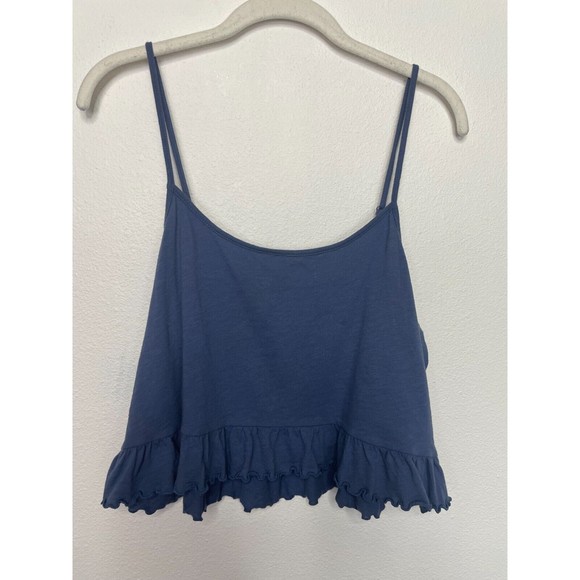 American Eagle Medium Slub Cropped Relaxed Cami Top Blue Ruffle Peplum Strappy - Picture 4 of 13